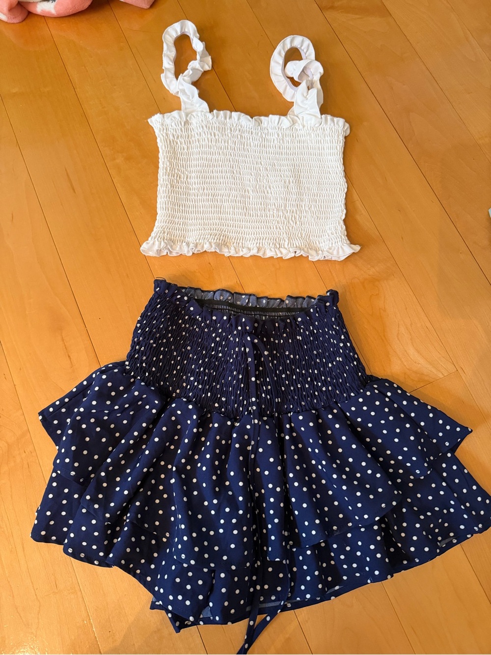 Amazon Essentials White Smocked Crop Top with Navy Polka Dot Tiered Skirt Set